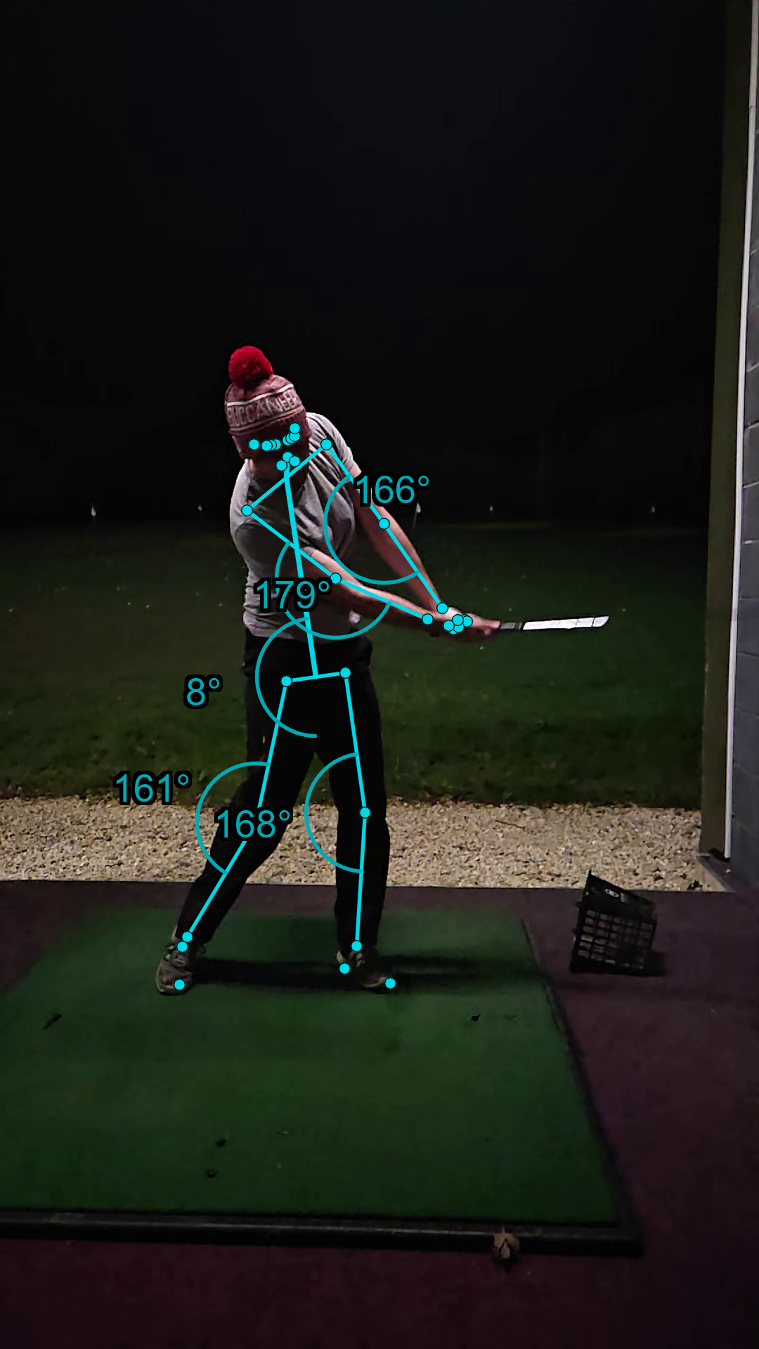 Golf swing impact position analysed by AI showing body angles